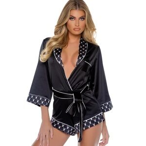 PLAYBOY Black and White Satin Robe Romper